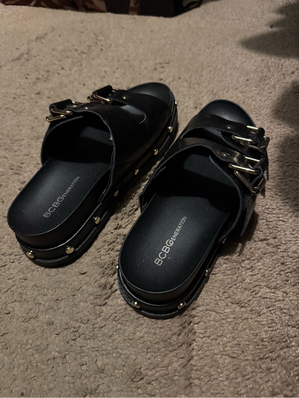 BCBGeneration Black Studded Dual Buckle Platform Slides
